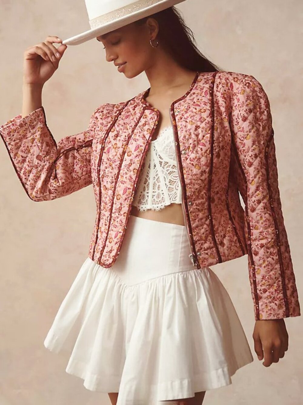 New Avec Les Filles Contrast Trim Floral Quilted Cotton Jacket Pink Burgundy M